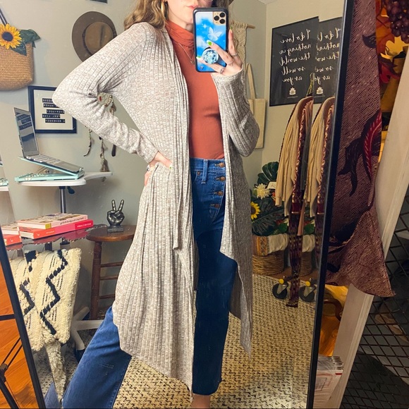 Edista Marled Neutral Beige Long Waterfall Sweater Cardigan Size Small - Picture 2 of 14